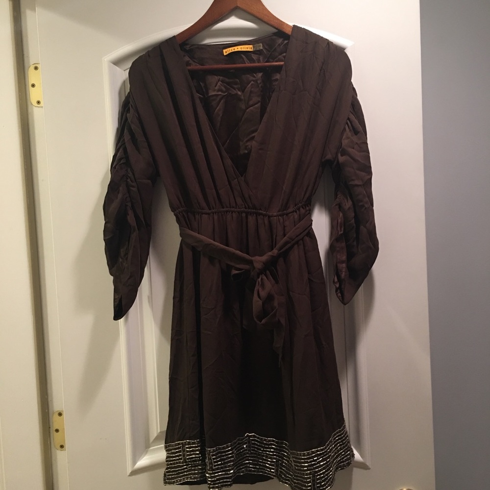 Alice + Olivia brown beaded v-neck belted dress.